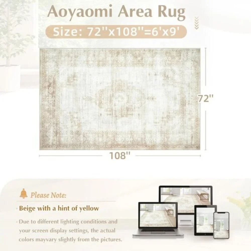 New 6x9 Beige Vintage Area Rug, Washable Boho Moroccan Non-Slip Carpet for Home